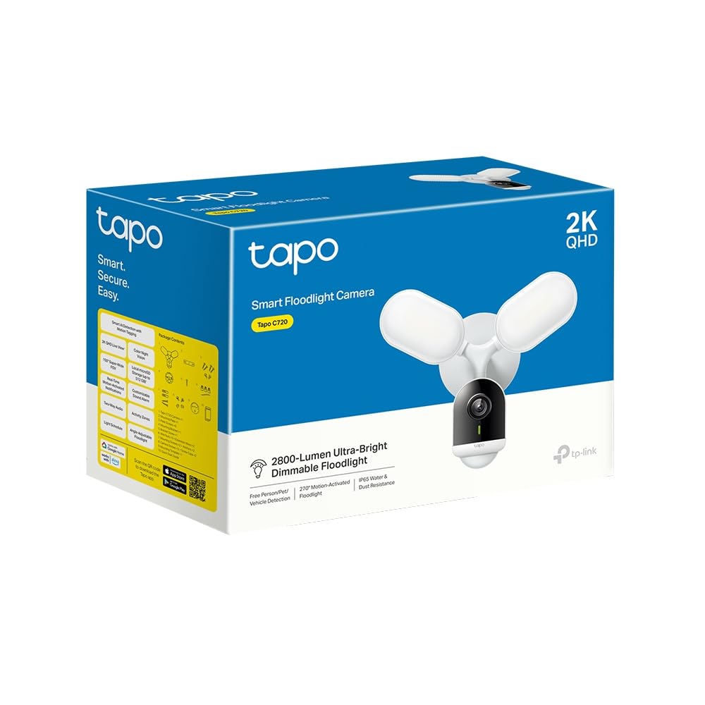 Tapo C720 Floodlight Outdoor Security WiFi Camera, Wireless, 2800 Lumen Ultra-Bright, 2K QHD, IP65, 270° Motion, Full-Colour Night Vision, Smart AI Detection Tapo