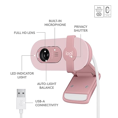 Logitech Brio 100 Full HD Webcam for Meetings and Streaming, Auto-Light Balance, Built-in Mic, Privacy Shutter Logitech