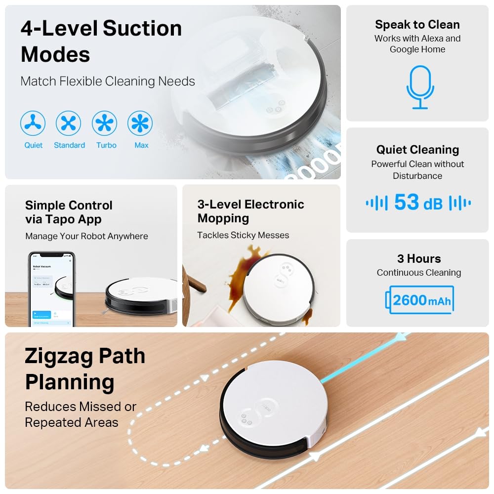 Tapo TP-Link Robot Vacuum Cleaner with Mop, Hyper Suction Robotic Vacuum Compatible with Alexa and Google, LiDAR & Gyro Dual Navigation, Auto- Charge, Remote Control, 5-Hour Continuous Cleaning Tapo