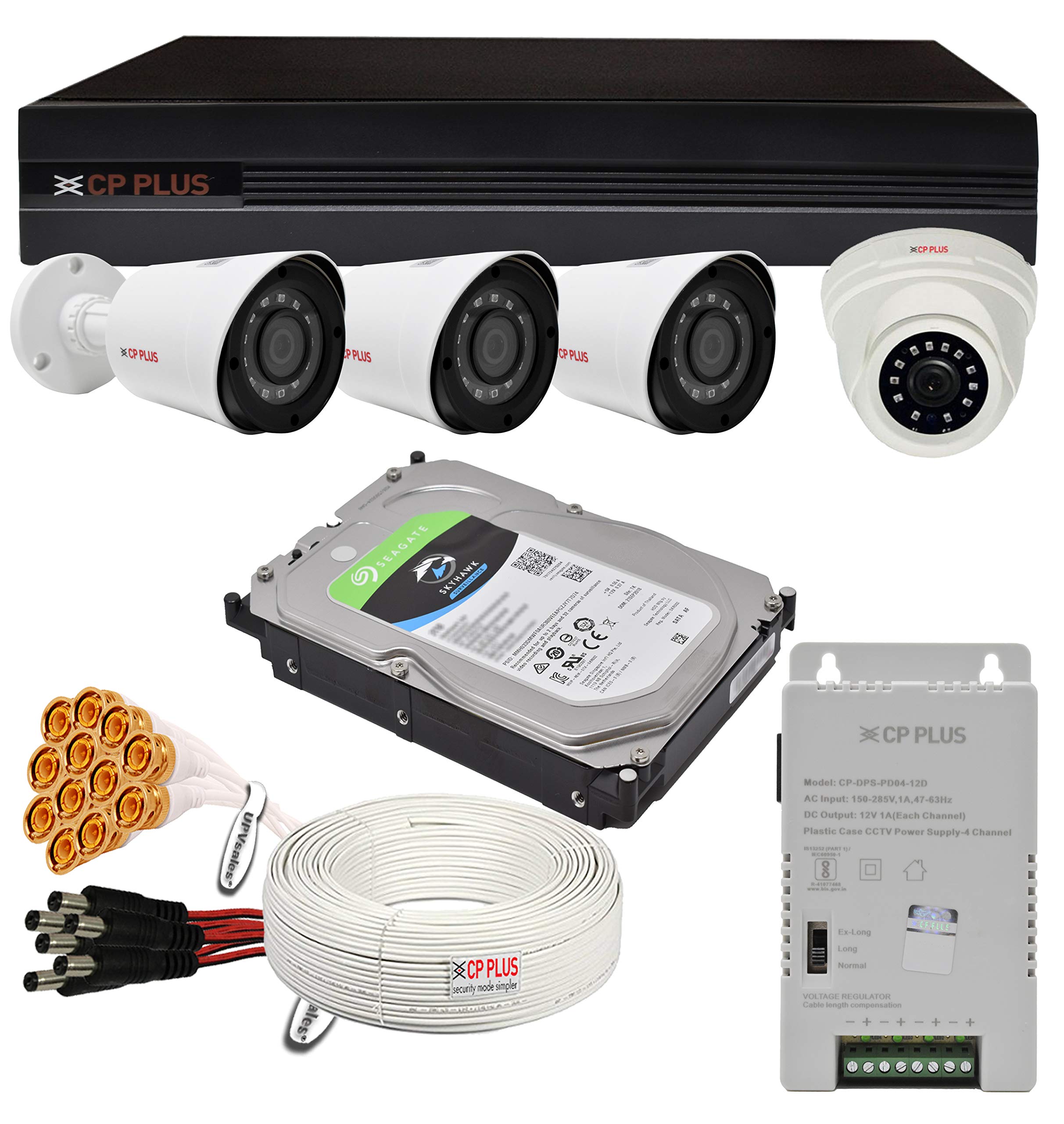 CP PLUS 2.4 Megapixel, H.265+, 4 Camera Combo Kit with 4Ch DVR, 1 Dome 3 Bullet Cameras, 1TB HDD, Power Supply, 90Mtr Cable, Audio Mic and Connectors Wired Full HD CCTV Security Camera Set CP PLUS