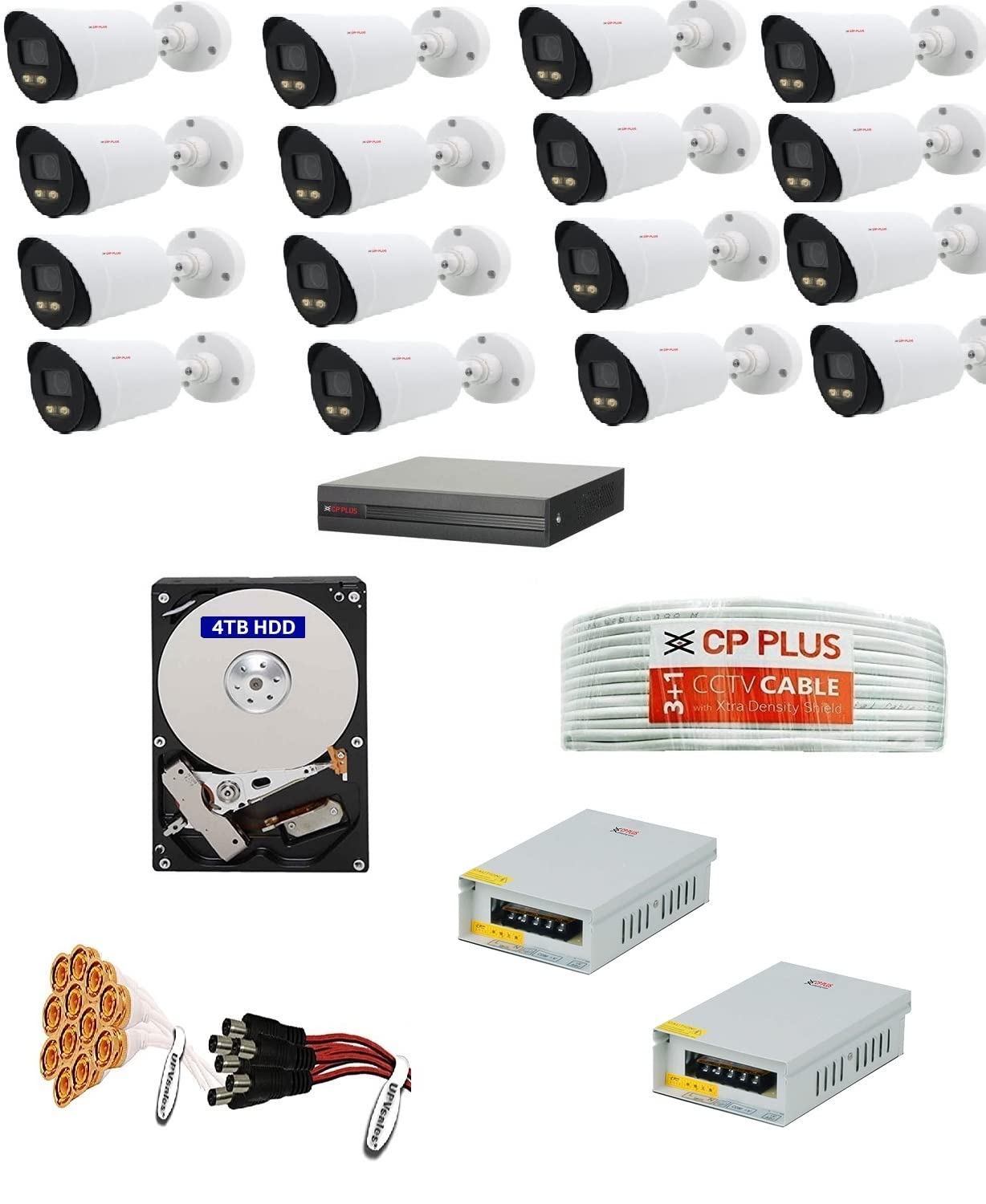 CP PLUS 1080p Full HD 16 Camera Combo Set (16 CH HD H.265+ DVR 1 Nos, Colour View in Night Bullete Outdoor 16 Nos,4TB Hard Disk, 8 CH SMPS 2 Nos,CCTV Cable Bundle 1Nos,BNC and DC Connectors) CP PLUS