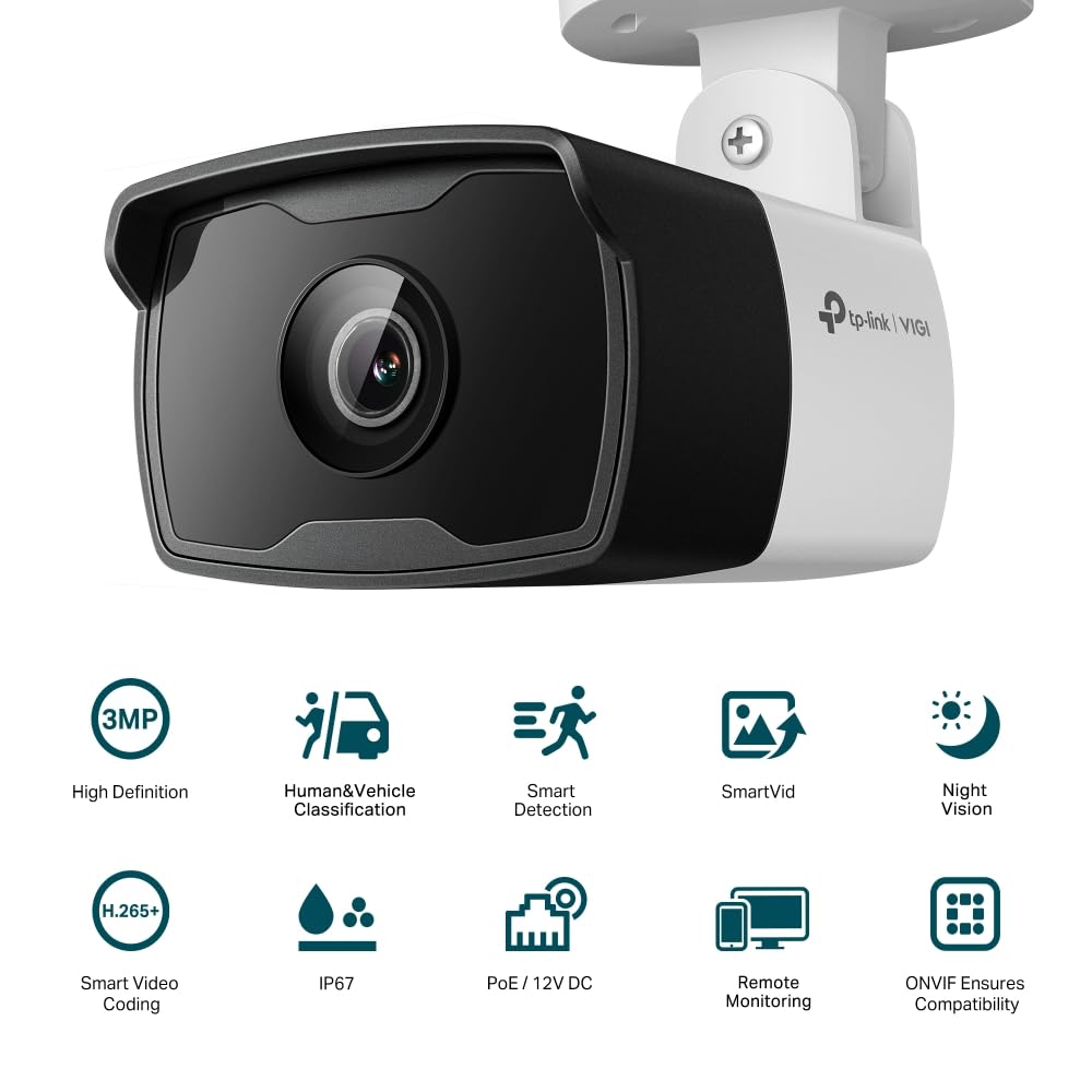 TP-Link VIGI C330I 4mm Lens Smart Outdoor Security Bullet Network Camera | 3MP HD Full-Color | Smart IR | Built-in Microphone| IP67 Waterproof | H.265+ | PoE/12V DC CCTV | ONVIF TP-Link