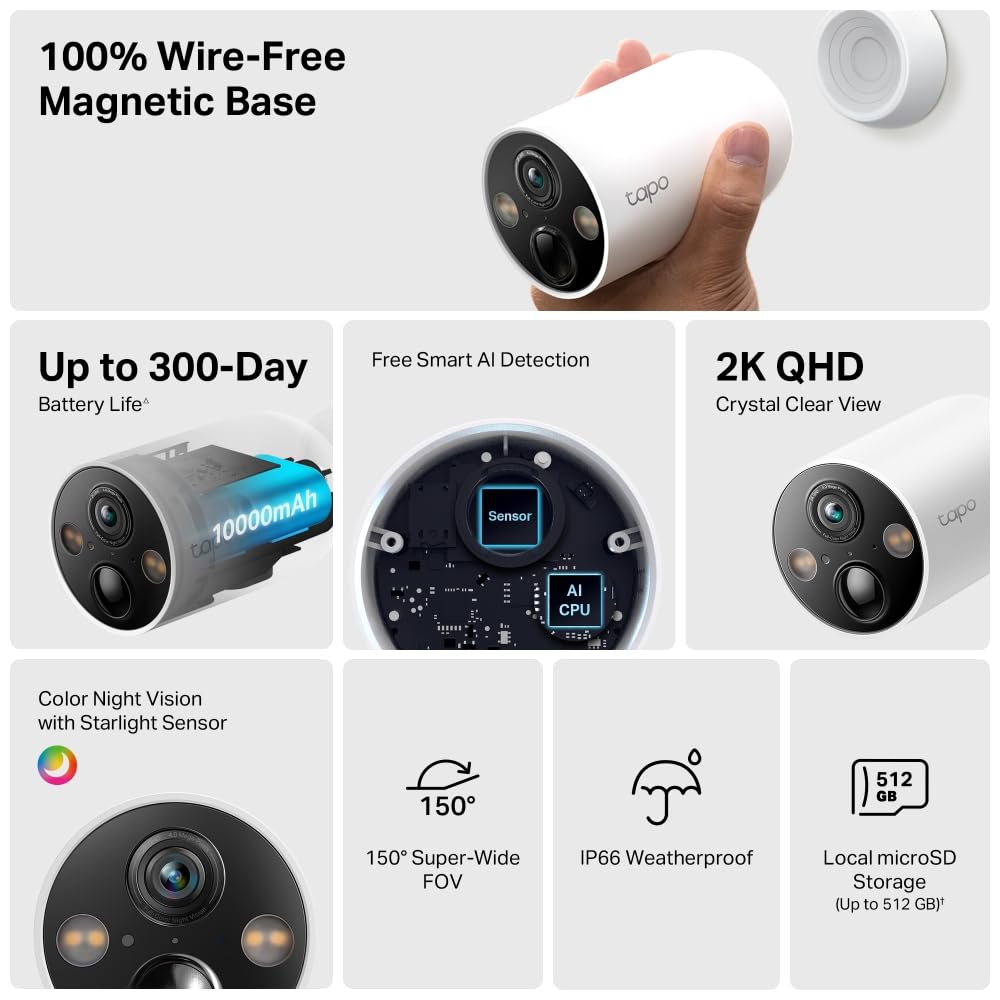 Tapo TP-Link C410 Smart Security Camera, 2K 3MP, Colour Night Vision, Wire-Free Indoor/Outdoor, 6400 mAh Non-Removable Battery Tapo