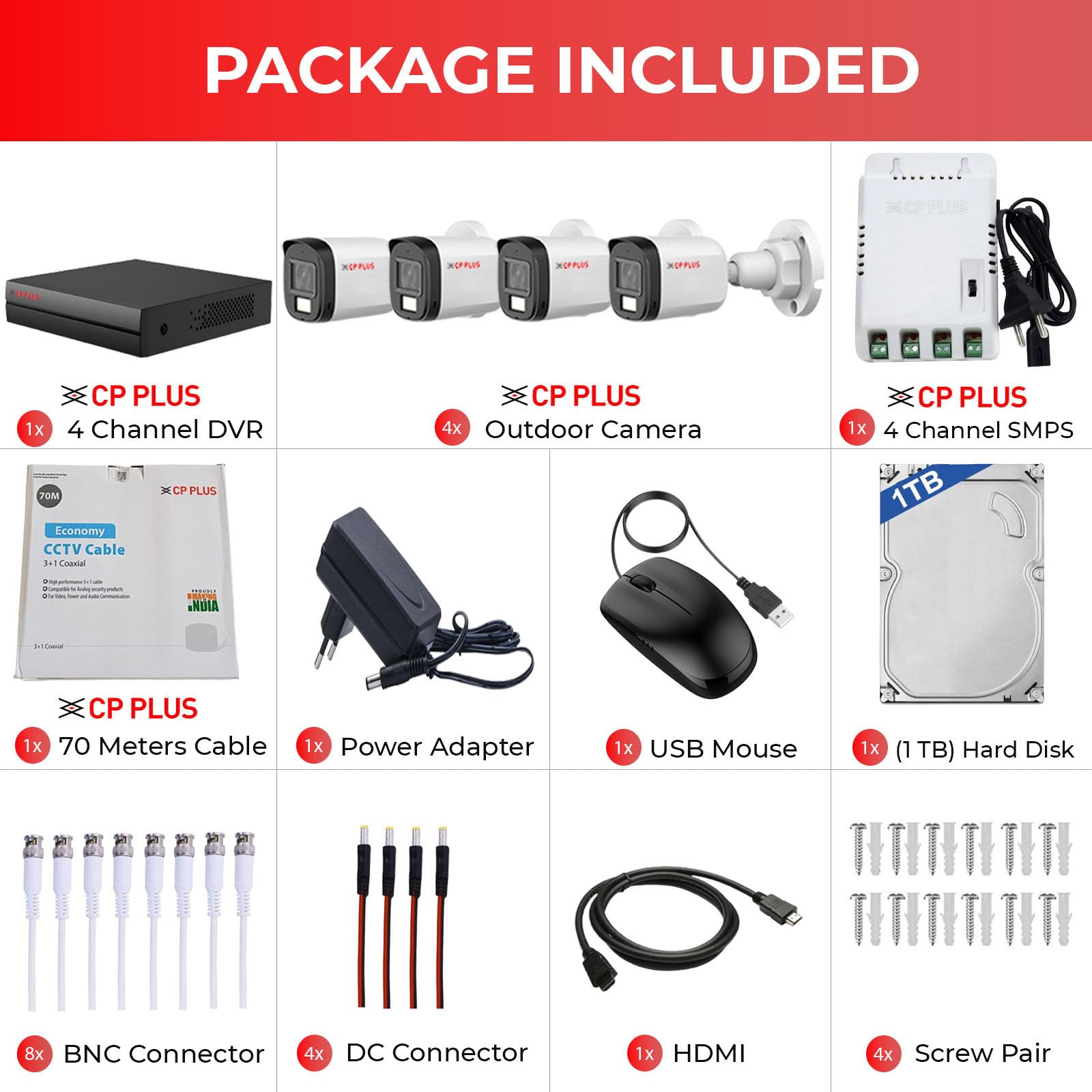 CP PLUS 4 channel DVR with 2MP 4x OUTDOOR, Built-in Audio Mic, Dual Light Color Night Vision wired CCTV Cameras, Motion Detection, 4 Channel SMPS, 70 Meters CCTV Cable, 1TB HDD, Required BNC/DC, white CP PLUS