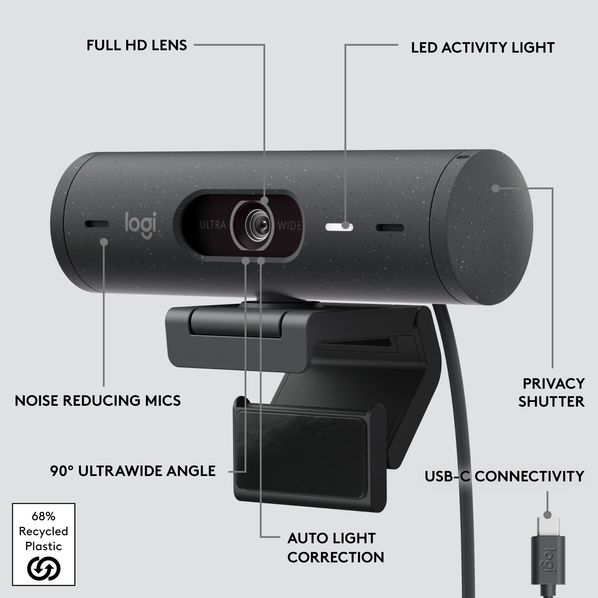 Logitech Brio 500 Webcam 4 MP 1920 x 1080 Pixels USB-C Graphite, W128163427 (1080 Pixels USB-C Graphite) Logitech