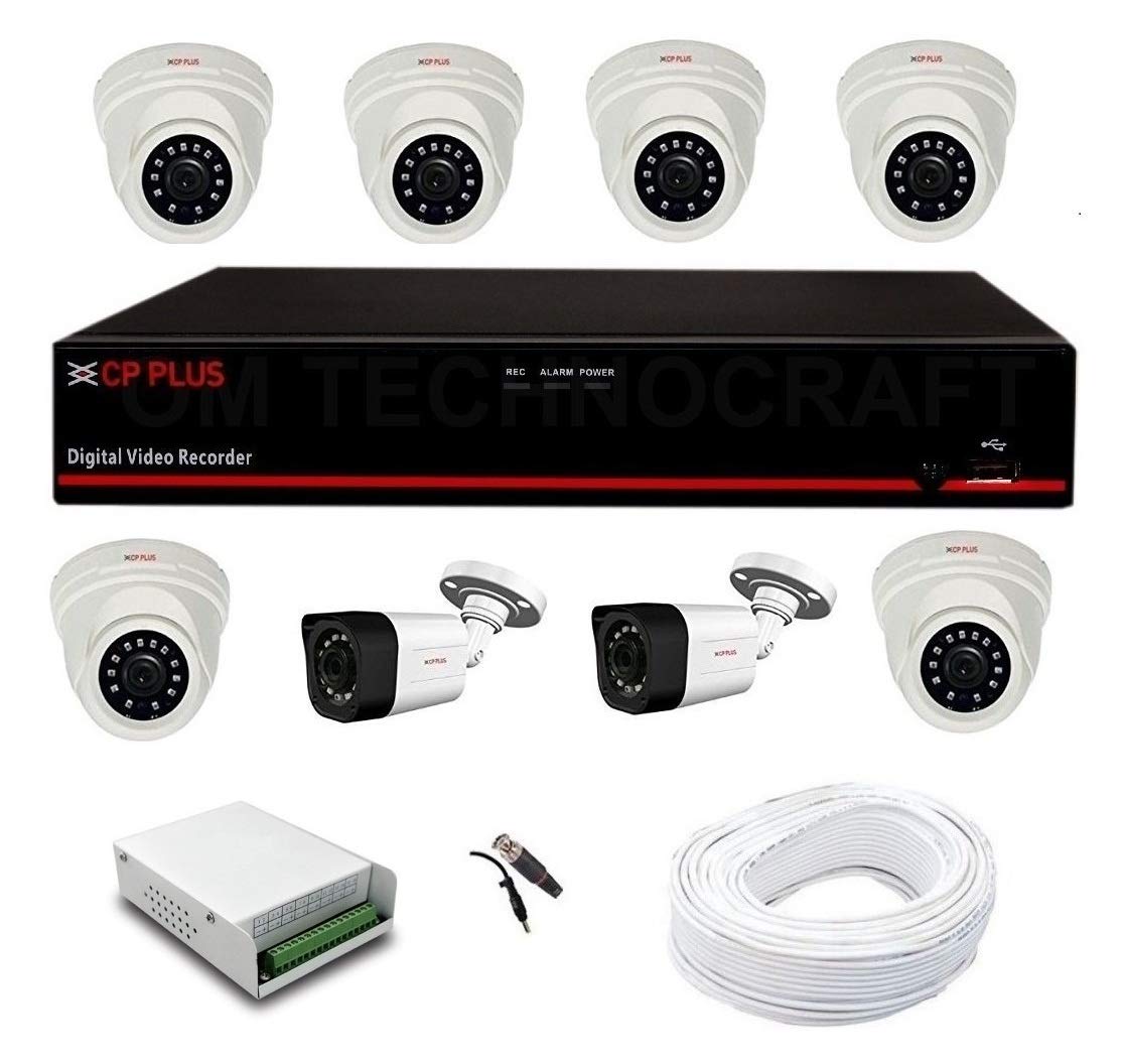 CP Plus 8 Channel DVR with 6 Pc of 2.4 MP Dome Cameras + 2 Pc of 2.4 MP Bullet Cameras + CCTV Cable 90 Mtr + 8 CH Power Supply + BNC & DC Full Combo Kit without Hard Drive CP PLUS