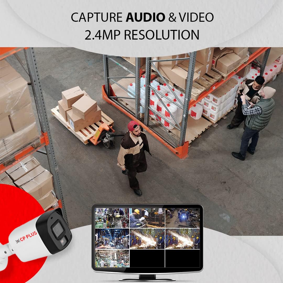 CP PLUS 4 channel DVR with 2MP 4x OUTDOOR, Built-in Audio Mic, Dual Light Color Night Vision wired CCTV Cameras, Motion Detection, 4 Channel SMPS, 70 Meters CCTV Cable, 1TB HDD, Required BNC/DC, white CP PLUS