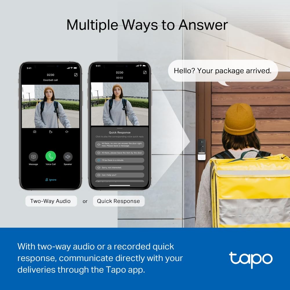 TP-Link Tapo D230S1 2K 5Mp/1920p Smart Wireless Security Video Doorbell,Battery-Powered,Two-Way Talk,Ip64,Colour Night Vision,Cloud &Local Storage,Compatible with Alexa&Google Home,Easy Installation Tapo
