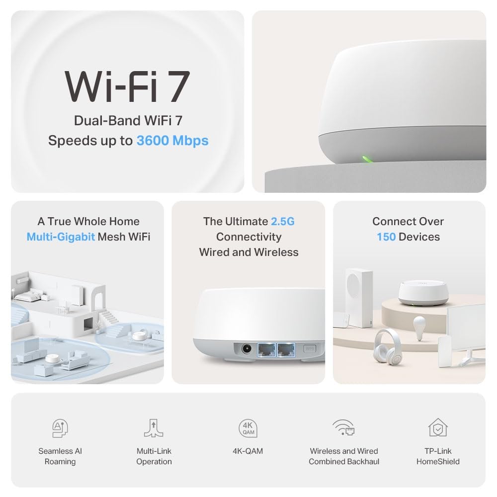 TP-Link Deco BE25(3-Pack) Dual Band BE5000 Whole Home Mesh WiFi 7 System| 8K Streaming | 5 Gbps Router | 2×2.5 Gbps Gigabit, 4K-QAM, 4 Antennas | VPN, MU-MIMO | Works with Alexa and Google Assistant Catchcraft Networks