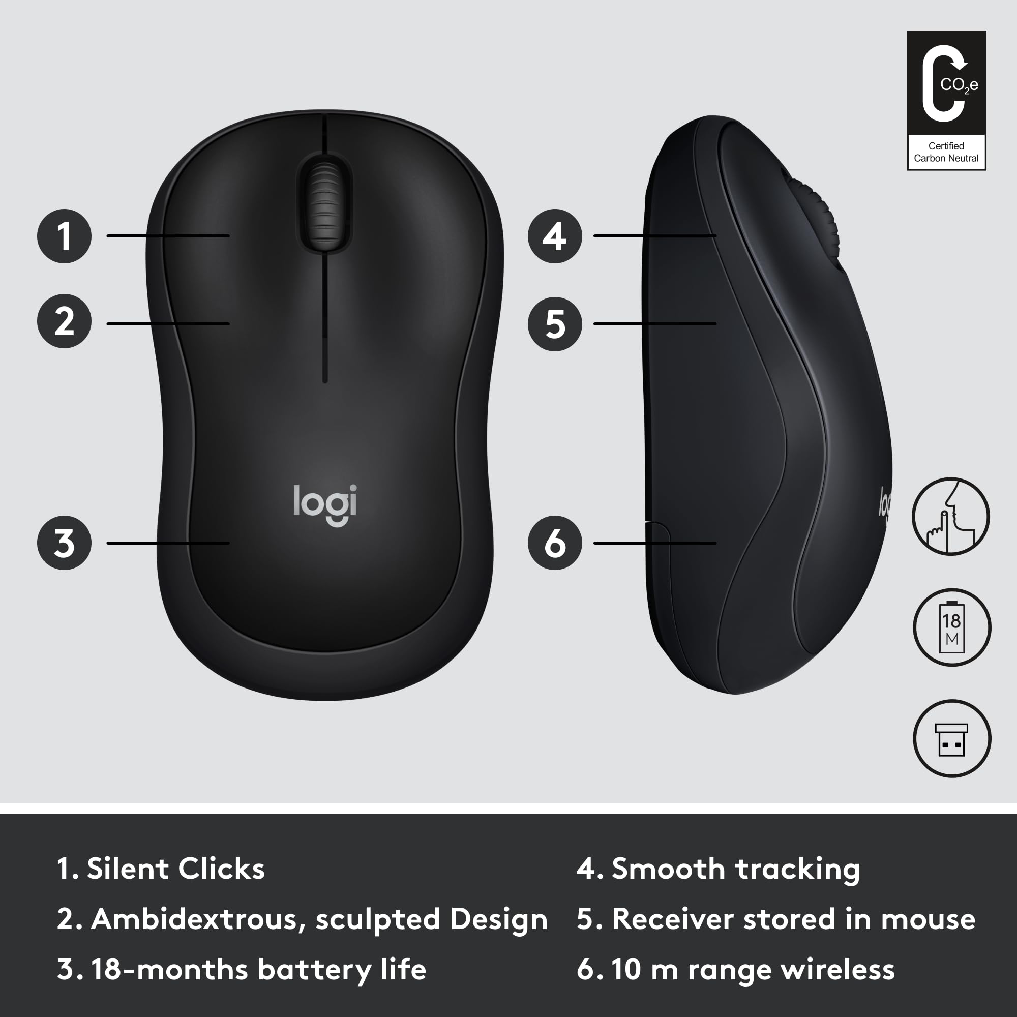 Logitech M220 Wireless Mouse, Silent Buttons, 2.4 GHz with USB Mini Receiver, 1000 DPI Optical Tracking, 18-Month Battery Life, Ambidextrous PC/Mac/Laptop - Charcoal Grey Logitech
