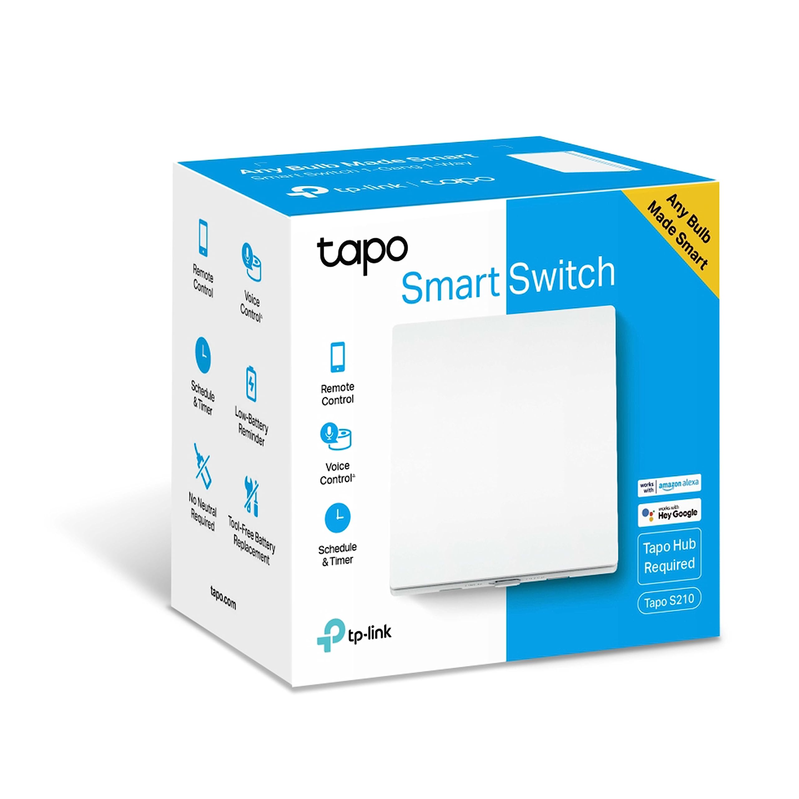 TP-Link Tapo S210 Smart Light Switch 1 Gang 1 Way, Remote and Voice Control, Battery included, Compatible with Alexa & Google home, Tapo Hub Included Tapo