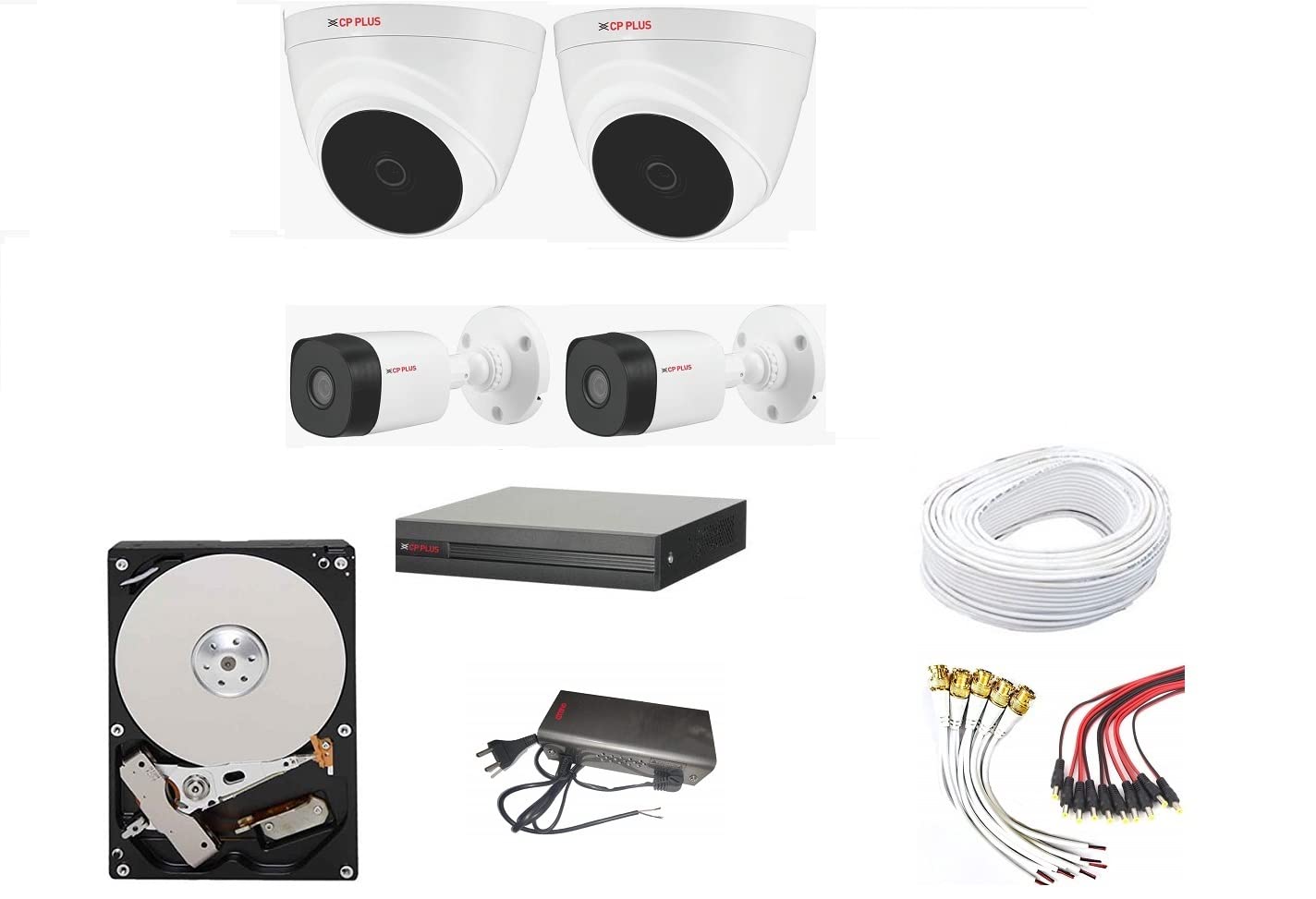 Cp Plus 4 Channal HD DVR 1080p 1Pcs,Outdoor Camera 2.4 MP 2Pcs,Indoor Camera 2.4 MP 2Pcs,1 TB Hard Disk,Full Combo Set CP PLUS