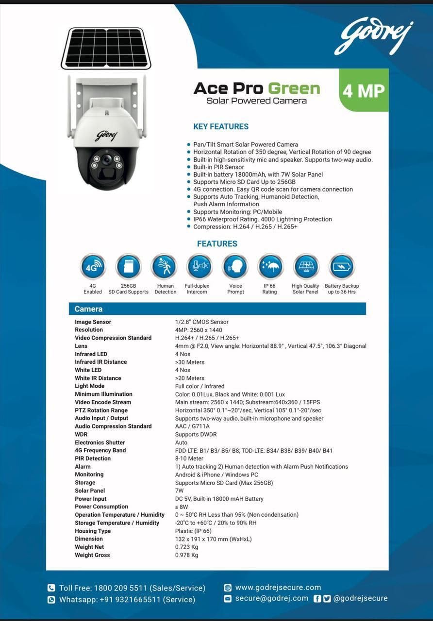 Godrej Ace Pro Green 4Mp 2560 X 1440 Resolution Plastic Ip66 Solar Powered Camera Wired Godrej