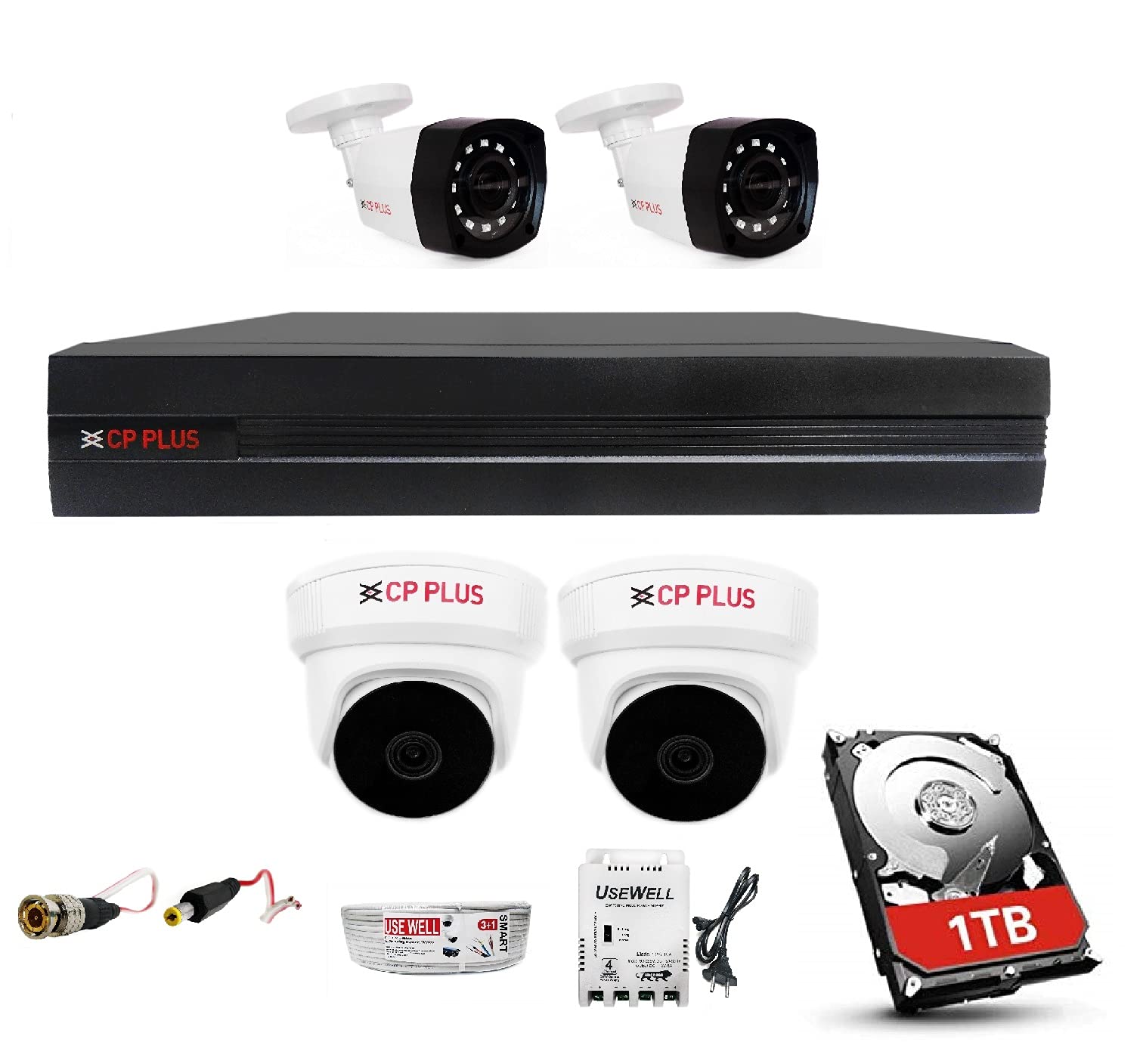 CP Plus 4 Channal HD DVR 1080p 1Pcs,Outdoor Wired Camera 2.4 MP 2Pcs,Indoor Camera 2.4 MP 2Pcs,1 TB Hard Disk with USEWELL BNC/DC Full Combo Set CP PLUS