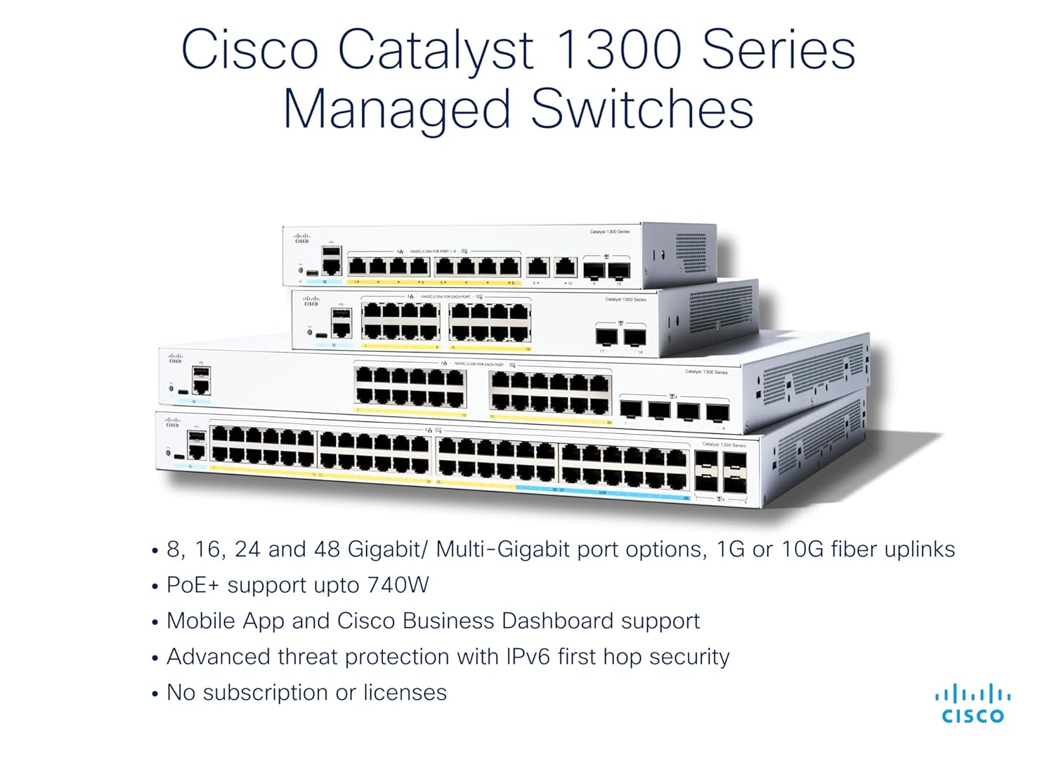 Cisco Catalyst 1300-48T-4G Managed Switch, 48 Port GE, 4x1GE SFP, Limited Lifetime Protection (C1300-48T-4G) Cisco