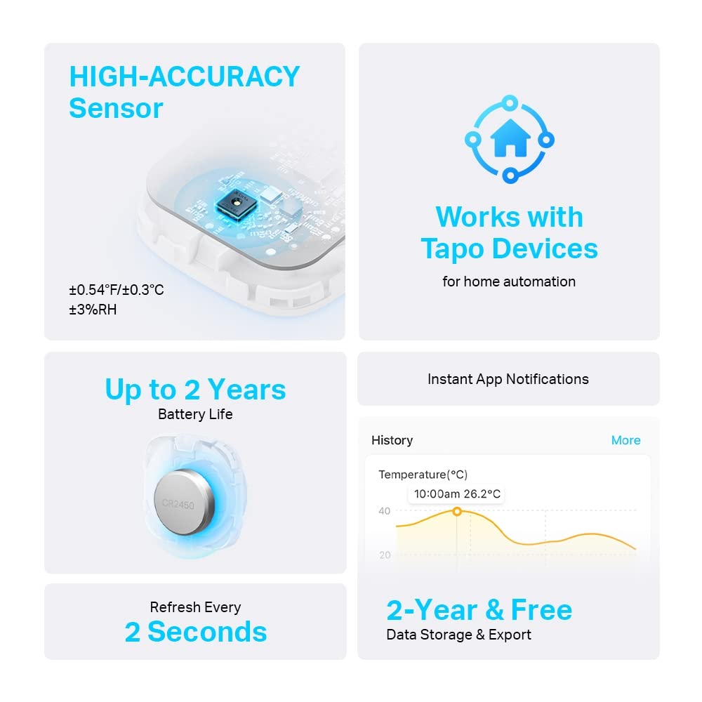 Tapo H100 Smart Temperature & Humidity Sensor, Free Data Storage, Real-Time Notifications, Battery Included, Work With Alexa And Google Home, Hub Required Sold Separately, White (T310) Tapo