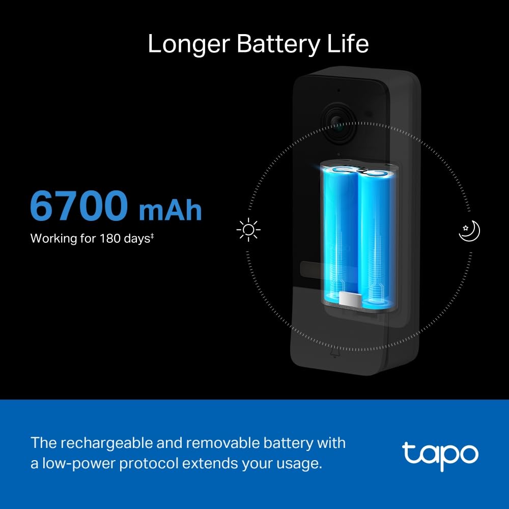 TP-Link Tapo D230S1 2K 5Mp/1920p Smart Wireless Security Video Doorbell,Battery-Powered,Two-Way Talk,Ip64,Colour Night Vision,Cloud &Local Storage,Compatible with Alexa&Google Home,Easy Installation Tapo