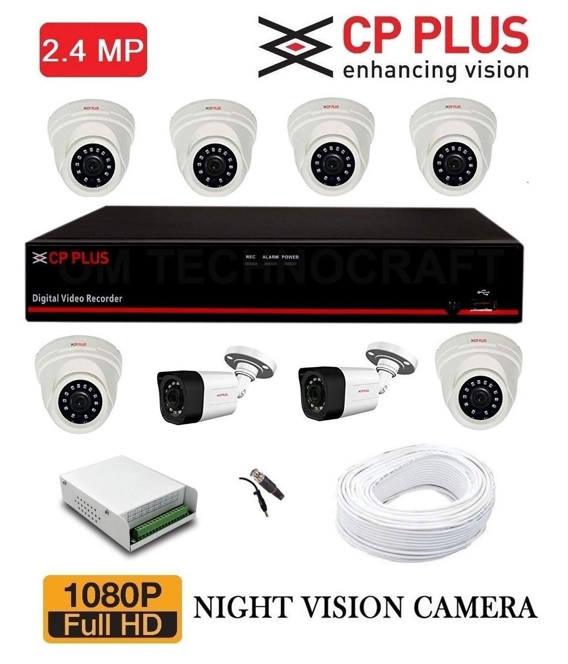CP Plus 8 Channel DVR with 6 Pc of 2.4 MP Dome Cameras + 2 Pc of 2.4 MP Bullet Cameras + CCTV Cable 90 Mtr + 8 CH Power Supply + BNC & DC Full Combo Kit without Hard Drive CP PLUS