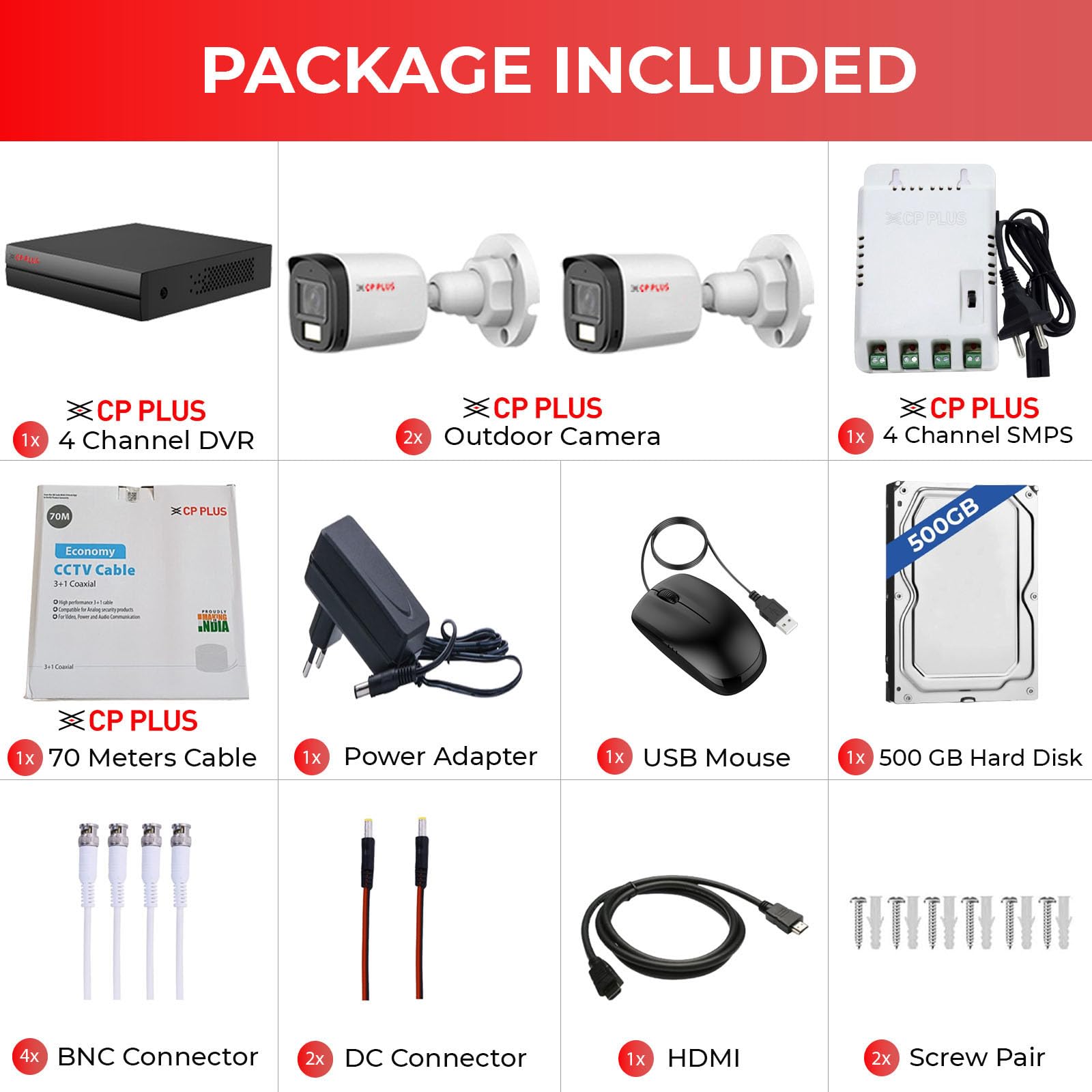 CP Plus 4 Channel DVR with 2MP 2X Outdoor, Built-in Audio Mic, Dual Light Color Night Vision Wired CCTV Cameras, Motion Detection, 4 Channel SMPS, 70 Meters Cable, 500 GB HDD, Required BNC/DC CP PLUS