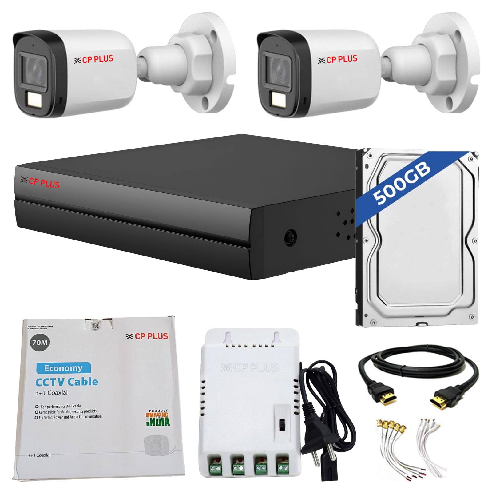 CP Plus 4 Channel DVR with 2MP 2X Outdoor, Built-in Audio Mic, Dual Light Color Night Vision Wired CCTV Cameras, Motion Detection, 4 Channel SMPS, 70 Meters Cable, 500 GB HDD, Required BNC/DC CP PLUS