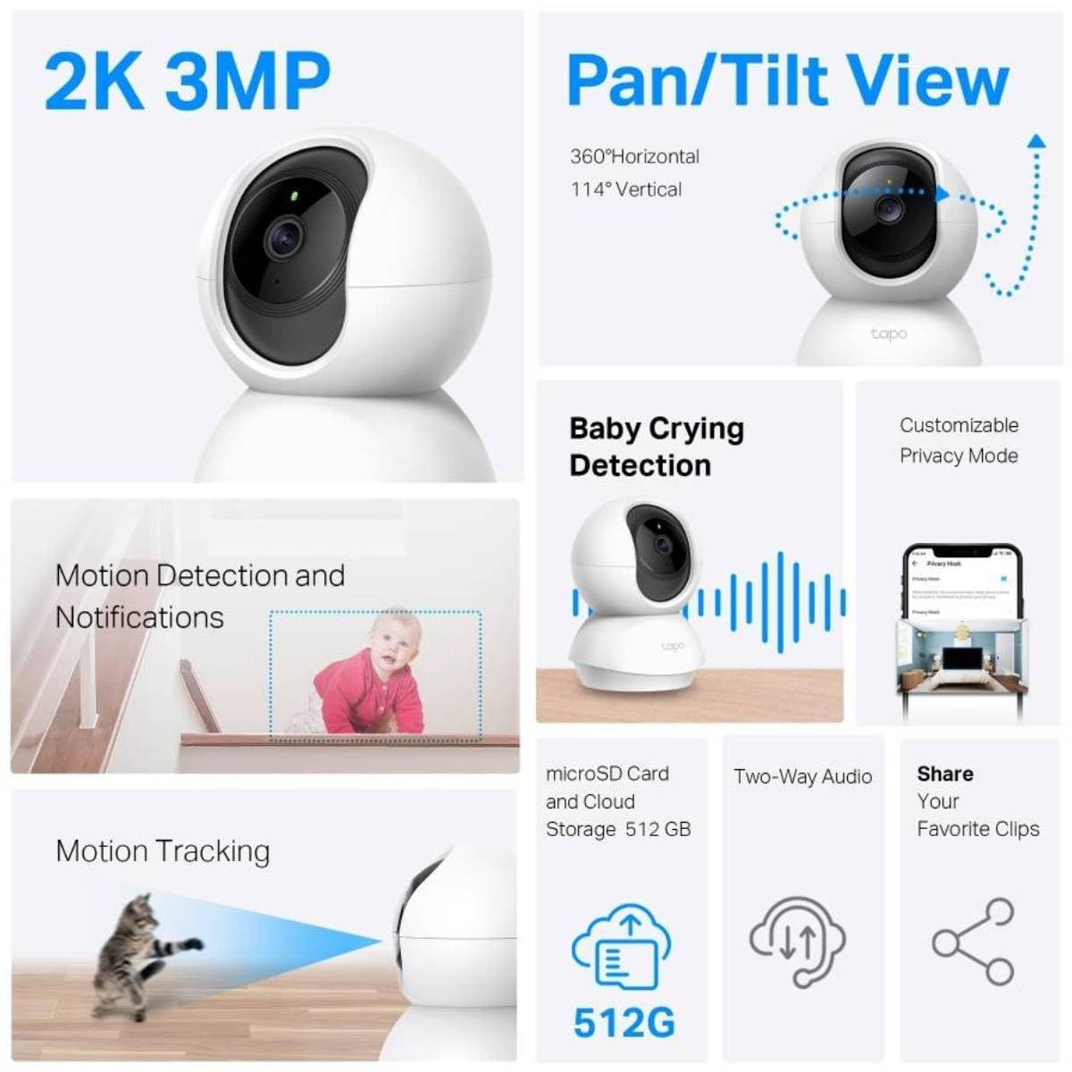 TP-LINK Tapo V1 Network Surveillance Camera Pan/Tilt Colour Day & Night 3 MP 2304 x 1296 2K Audio Wireless Wi-Fi 2.4 GHz Radio H.264 DC 9 V Tapo
