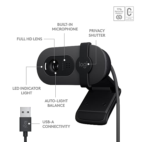 Logitech Brio 100 Full HD Webcam for Meetings and Streaming, Auto-Light Balance, Built-in Mic, Privacy Shutter Logitech