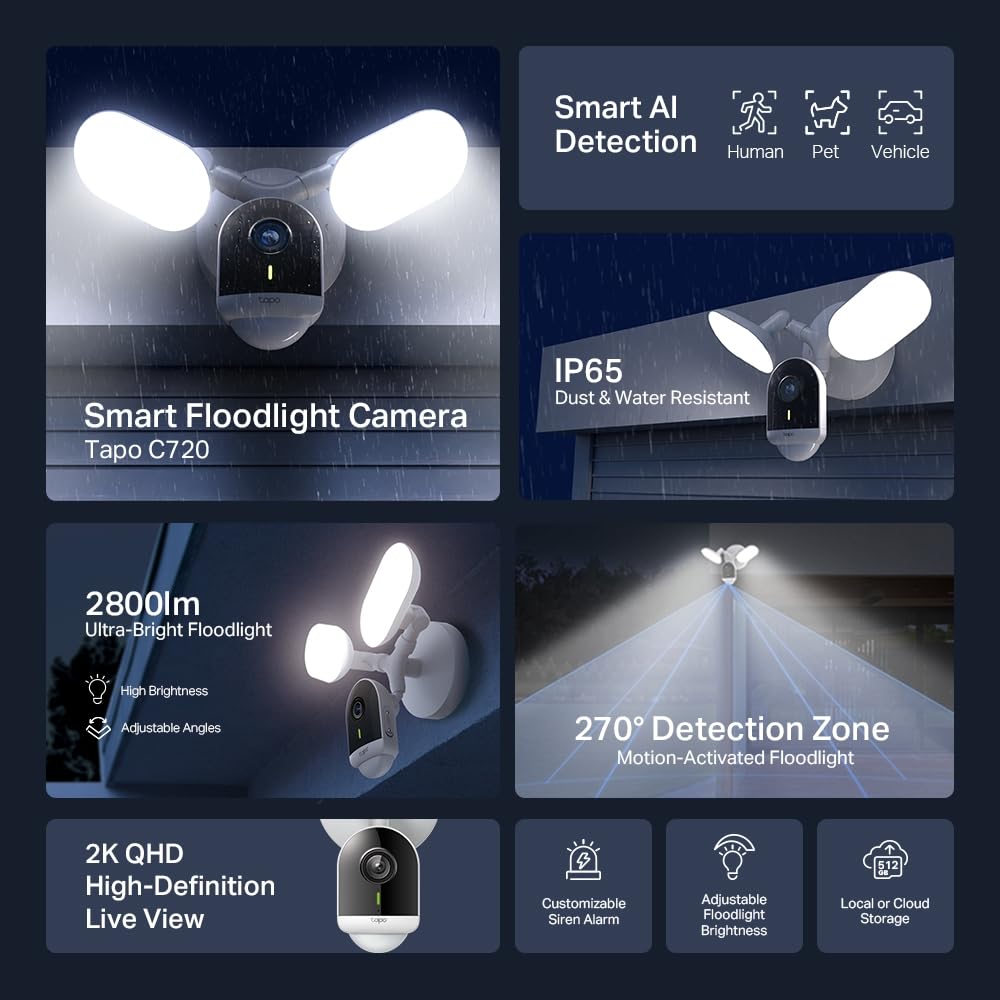 Tapo C720 Floodlight Outdoor Security WiFi Camera, Wireless, 2800 Lumen Ultra-Bright, 2K QHD, IP65, 270° Motion, Full-Colour Night Vision, Smart AI Detection Tapo