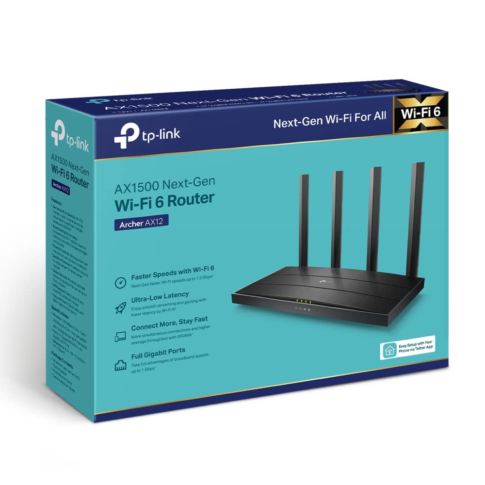 TP-Link Archer AX12 AX1500 Wi-Fi 6 Router | Dual-Band Gigabit Wireless | MU-MIMO & OFDMA | Beamforming & WPA3 Security | Easy Setup via Tether App |High-Speed Coverage for Home, Gaming & Smart Devices TP-Link