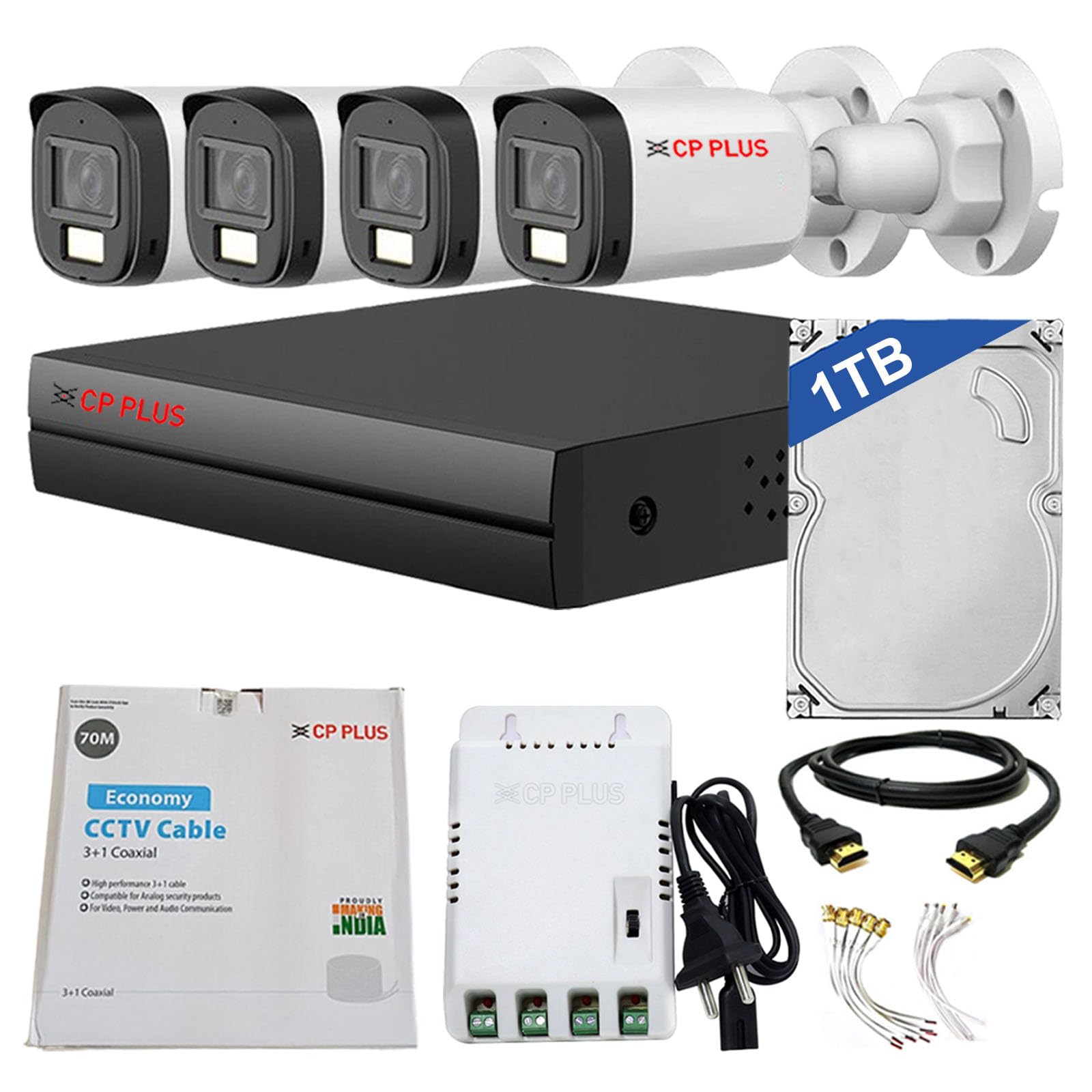 CP PLUS 4 channel DVR with 2MP 4x OUTDOOR, Built-in Audio Mic, Dual Light Color Night Vision wired CCTV Cameras, Motion Detection, 4 Channel SMPS, 70 Meters CCTV Cable, 1TB HDD, Required BNC/DC, white CP PLUS