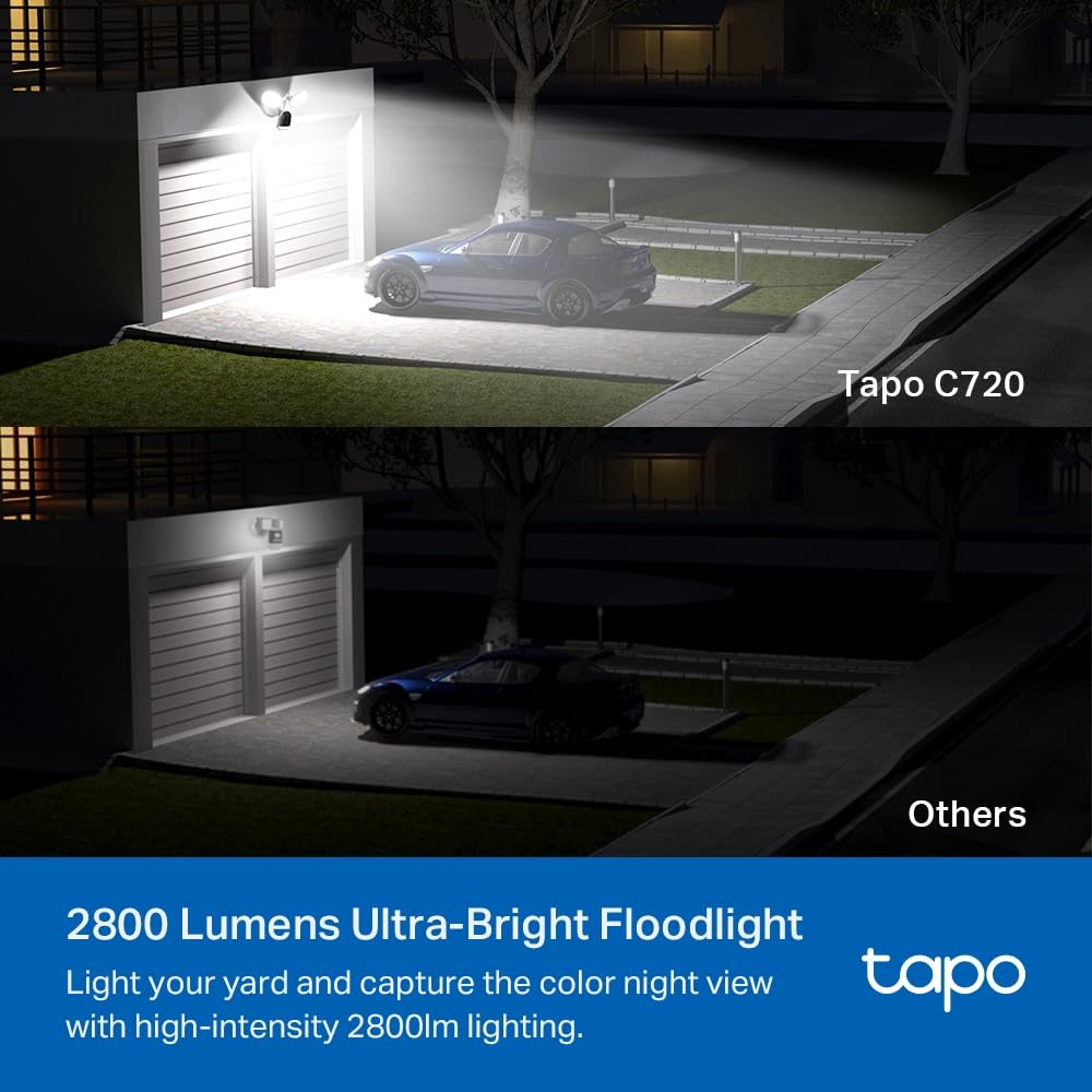 Tapo C720 Floodlight Outdoor Security WiFi Camera, Wireless, 2800 Lumen Ultra-Bright, 2K QHD, IP65, 270° Motion, Full-Colour Night Vision, Smart AI Detection Tapo