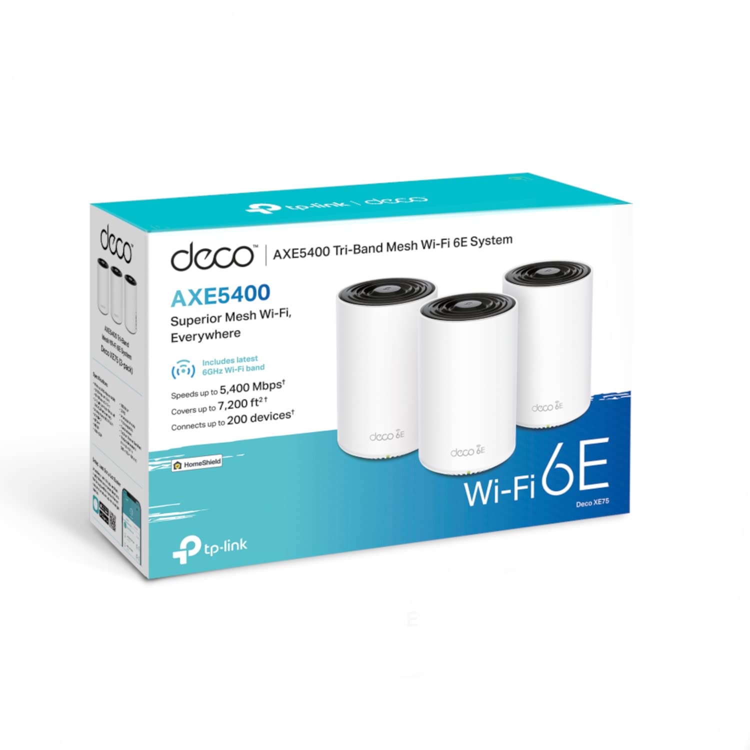 TP-Link Deco XE75 AXE5400 Whole Home Mesh Wi-Fi 6E System, Tri-Band Wi-Fi, Gigabit Ports, AI-Driven Mesh, Covers up to 200 ft2, Connects up to 200 Devices, Home eShield, Pack of 3 TP-Link