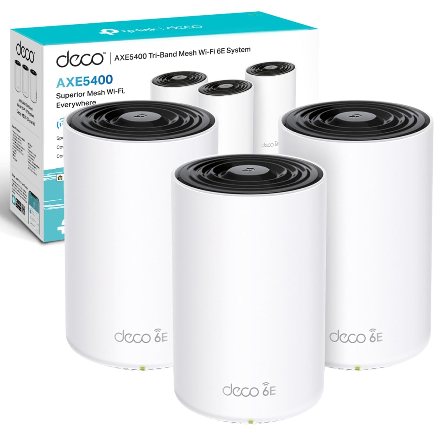 TP-Link Deco XE75 AXE5400 Whole Home Mesh Wi-Fi 6E System, Tri-Band Wi-Fi, Gigabit Ports, AI-Driven Mesh, Covers up to 200 ft2, Connects up to 200 Devices, Home eShield, Pack of 3 TP-Link